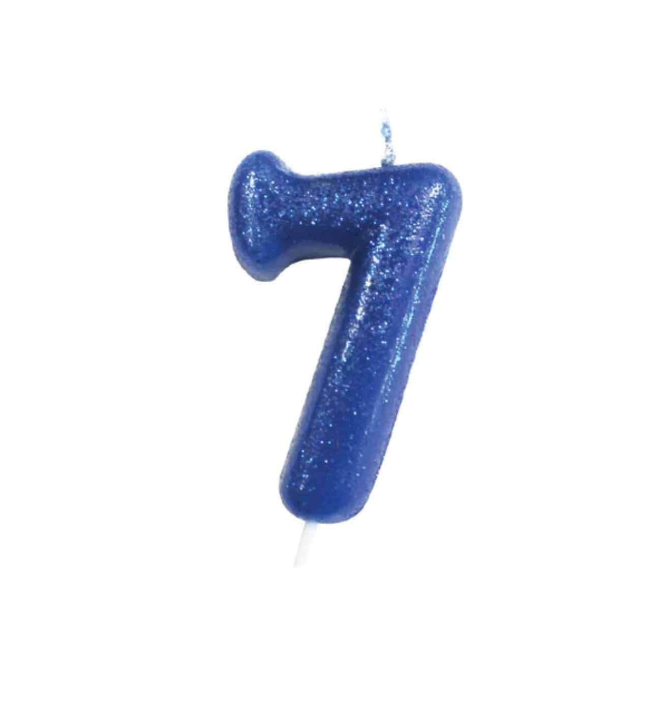 Number 7 Glitter Cake Candle Blue