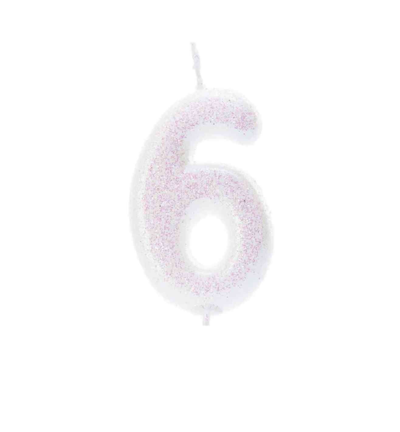 Number 6 Glitter Cake Candle Iridescent