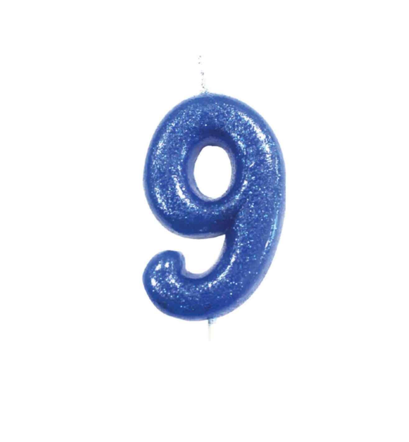 Number 9 Glitter Cake Candle Blue