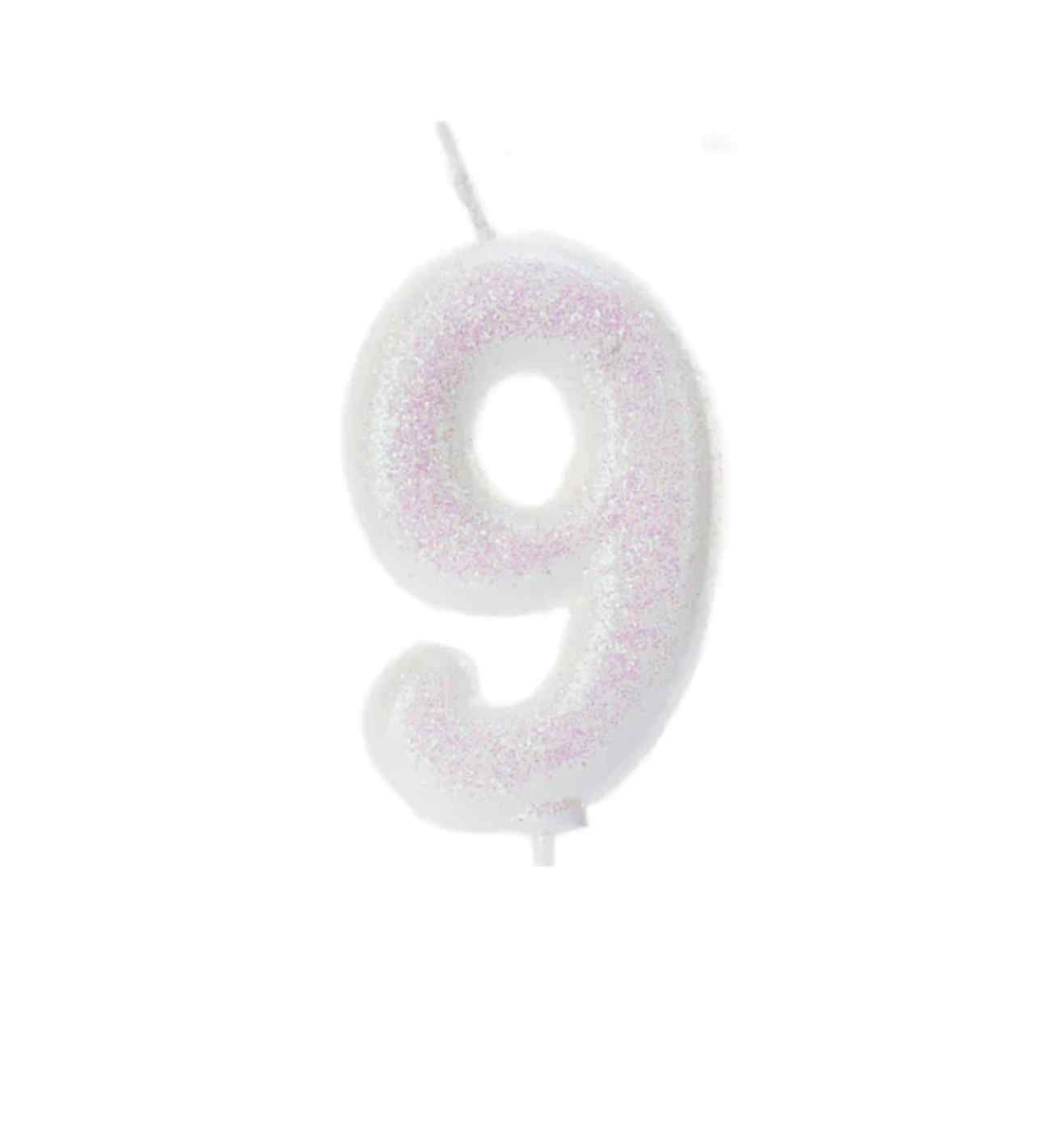 Number 9 Glitter Cake Candle Iridescent
