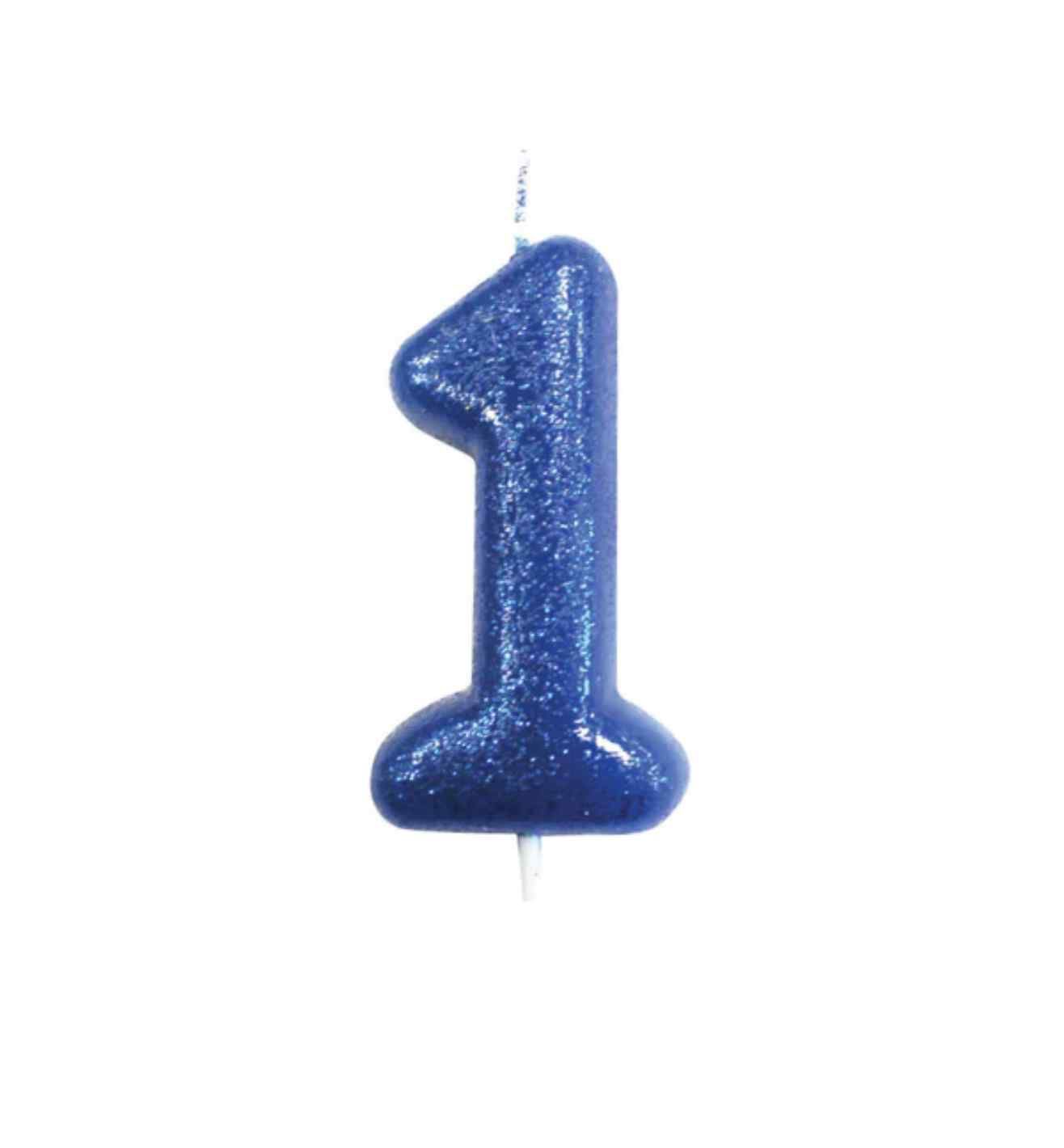 Number 1 Glitter Cake Candle Blue