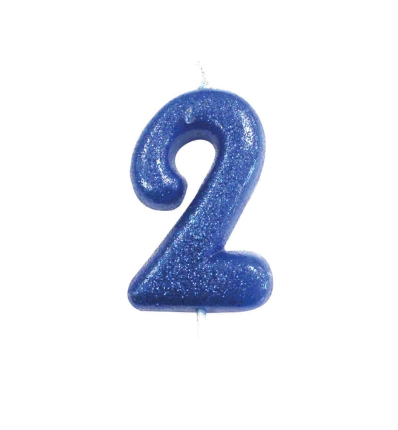 Number 2 Glitter Cake Candle Blue