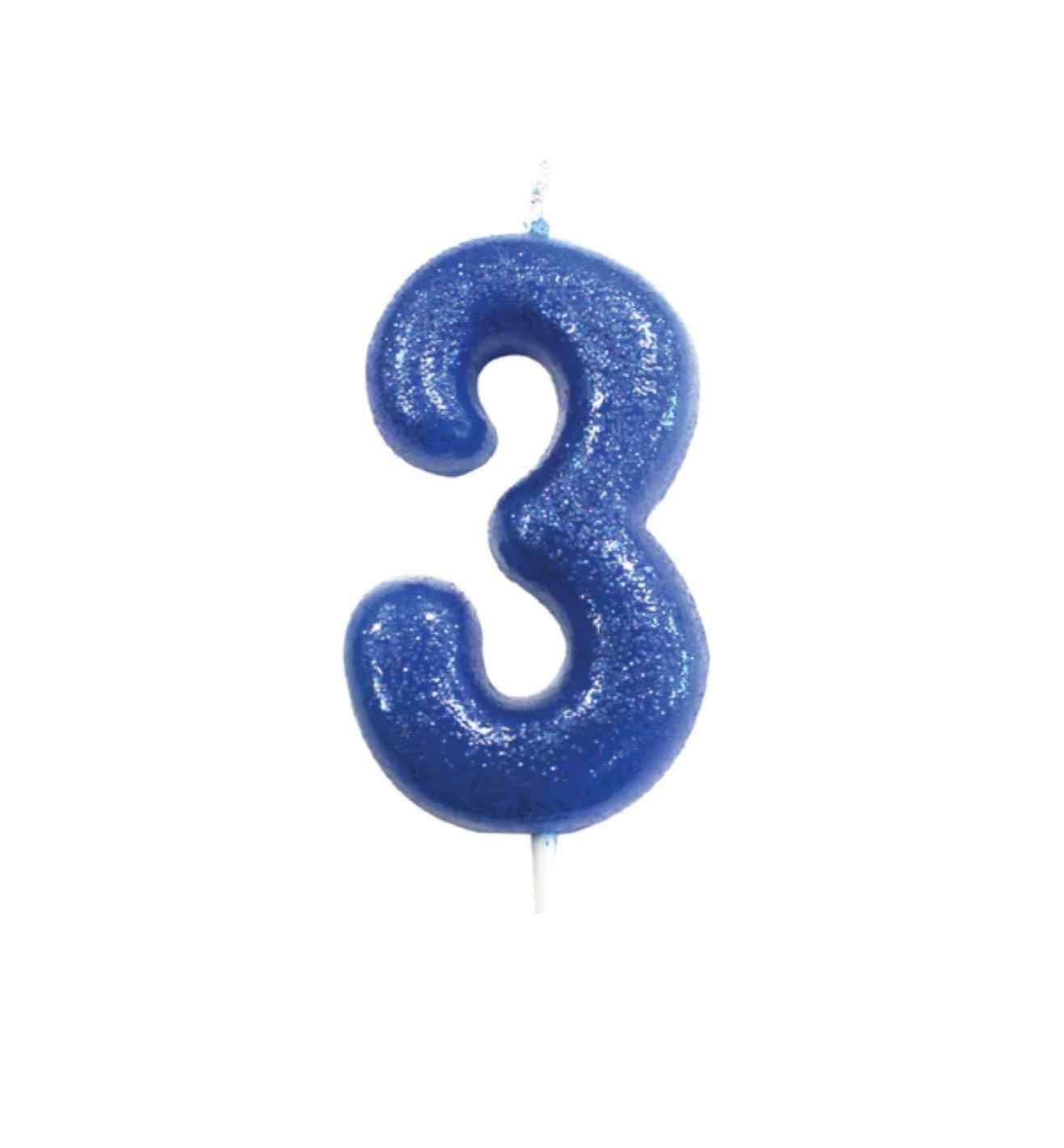 Number 3 Glitter Cake Candle Blue