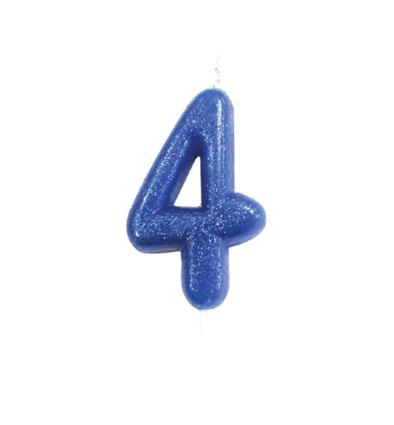 Number 4 Glitter Cake Candle Blue