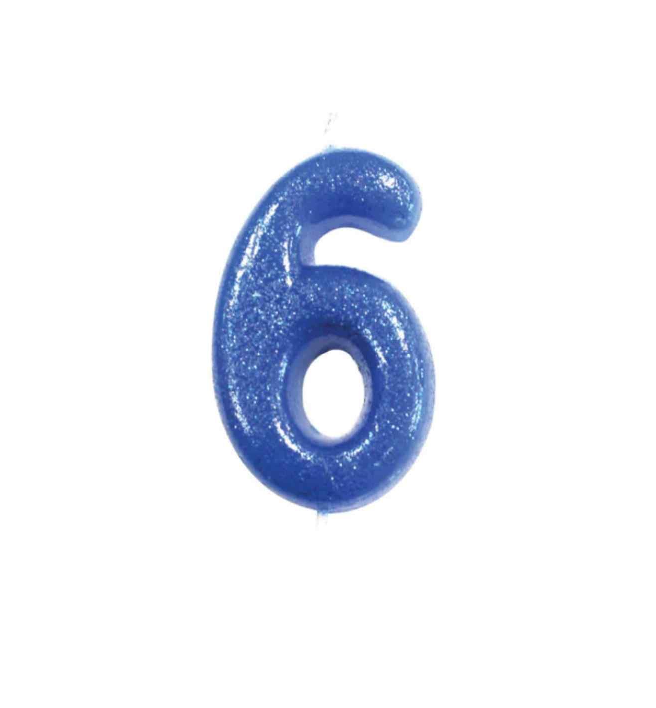 Number 6 Glitter Cake Candle Blue