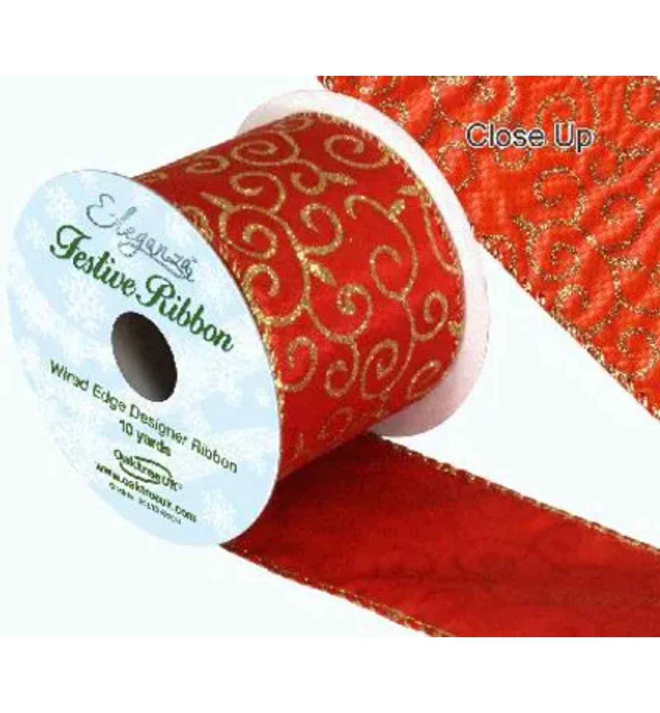 Satin Wired Edge Glitter Filigree Red 10yds x 63mm