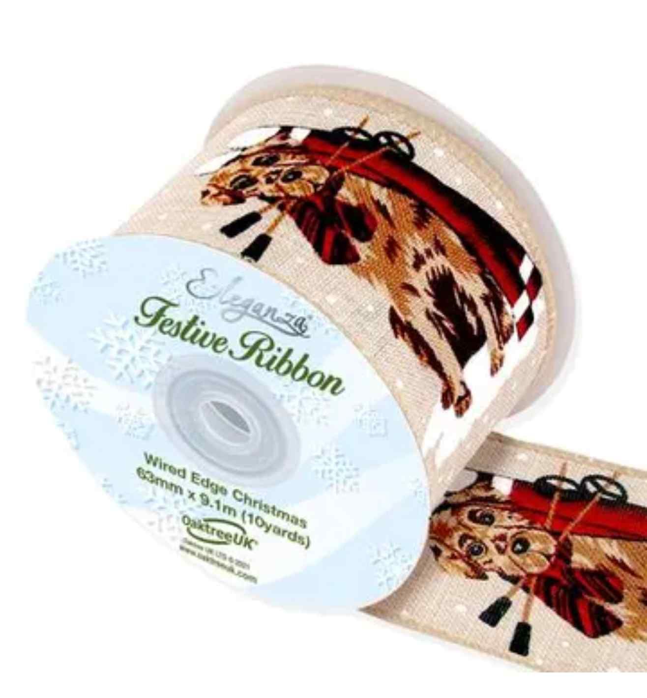 Eleganza Wired Edge Christmas Snow / Dog Natural 63mm x 9.1m