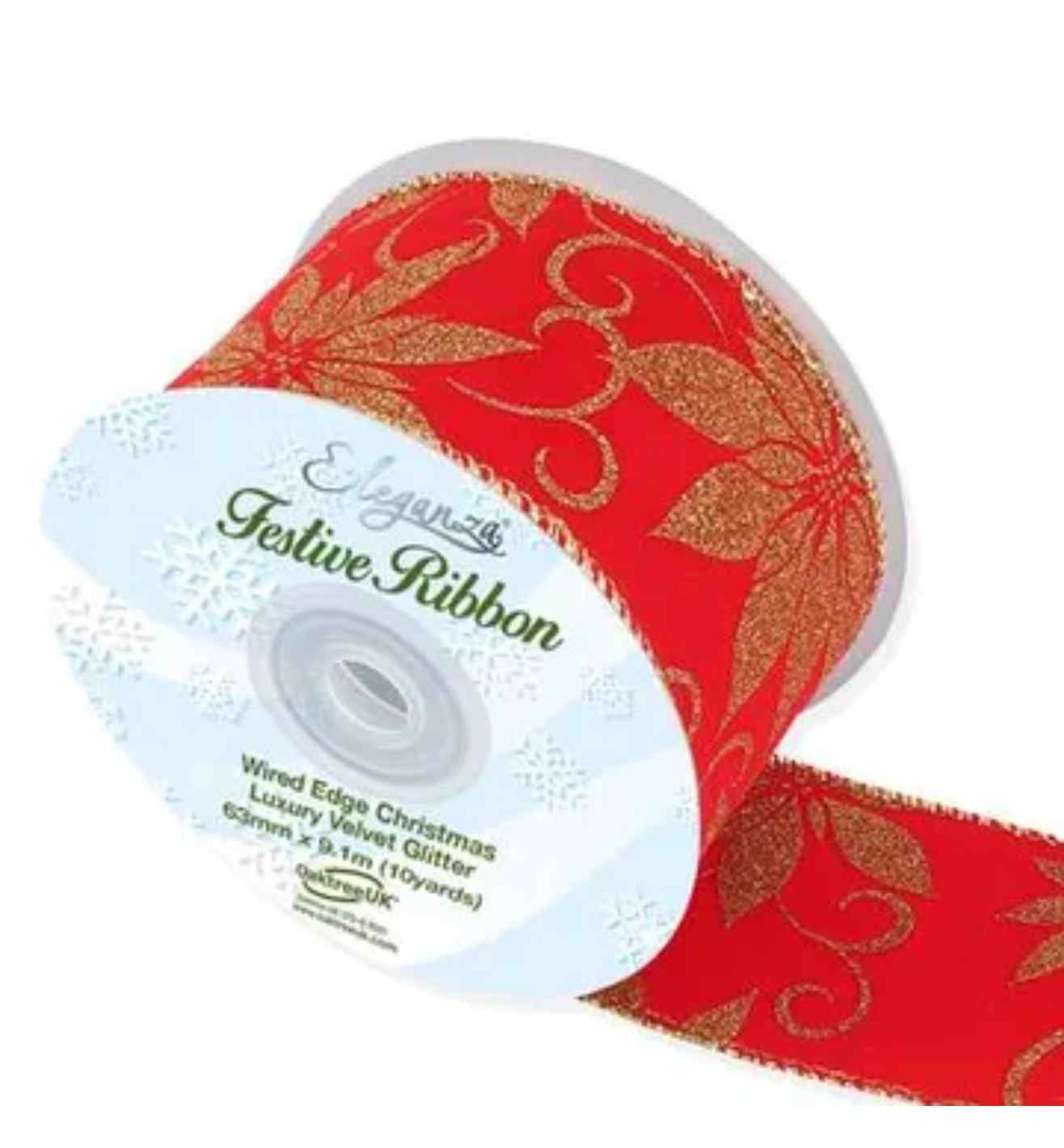 Eleganza Wired Edge Luxury Velvet Glitter Poinsettia Red / Gold 63mm x 9.1m