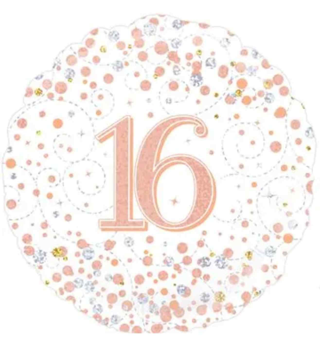 18" Oaktree Sparkling Fizz 16th Birthday White/Rose Gold Round