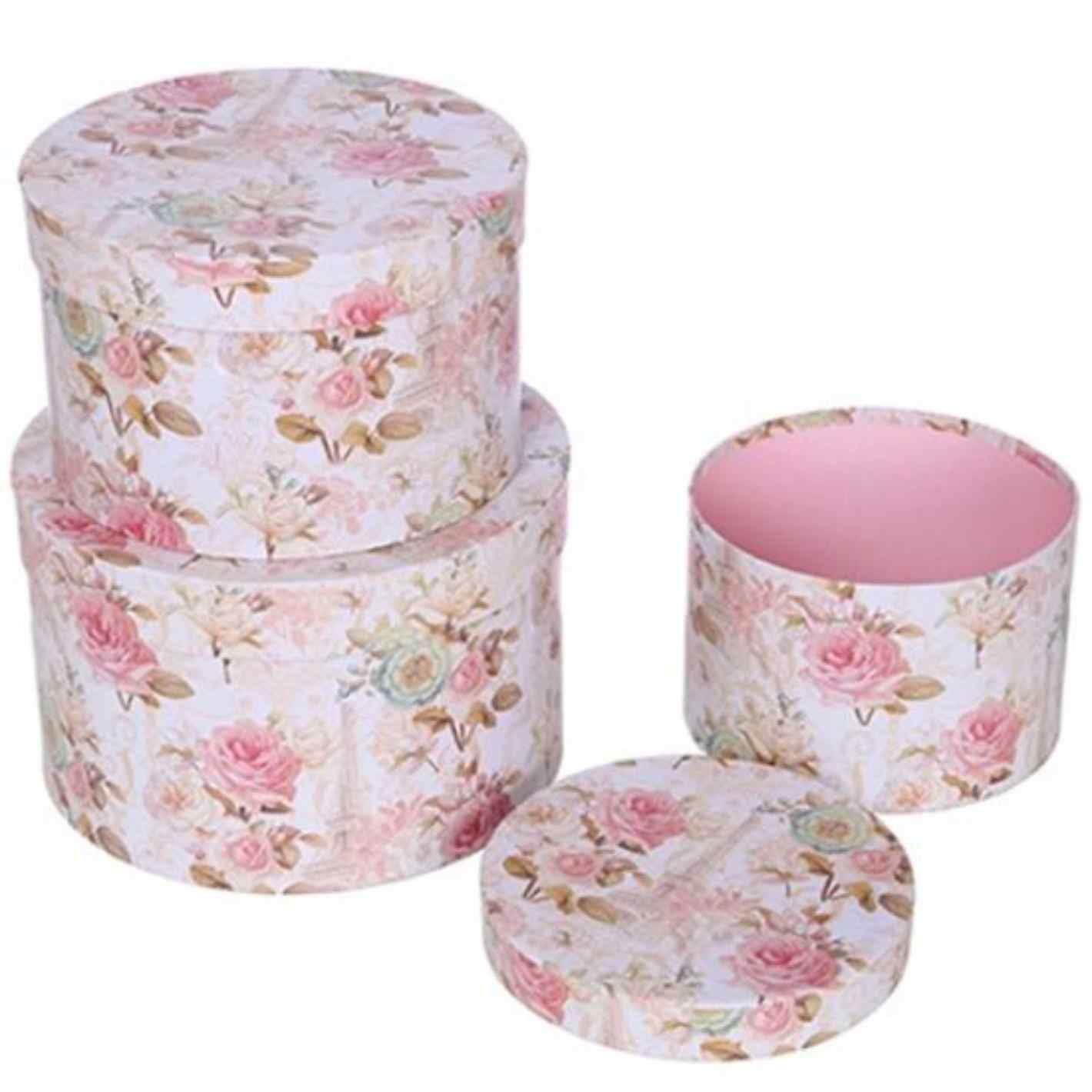 Set of 3 Round Flower Boxes w/ Floral Pattern - Vintage Pink